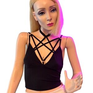 ROMWE Black Pentagram Strappy Choker Tank Top Sleeveless Goth Grunge Punk‎ XS